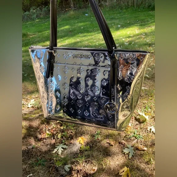 Michael Kors Metallic Silver Monogram Mirror Zipper Top Ciara Tote Bag Purse - Picture 11 of 17